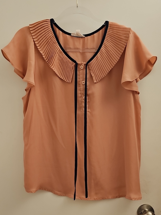 mine Tops - mine Peach Pleated Collar Blouse with Black Trim